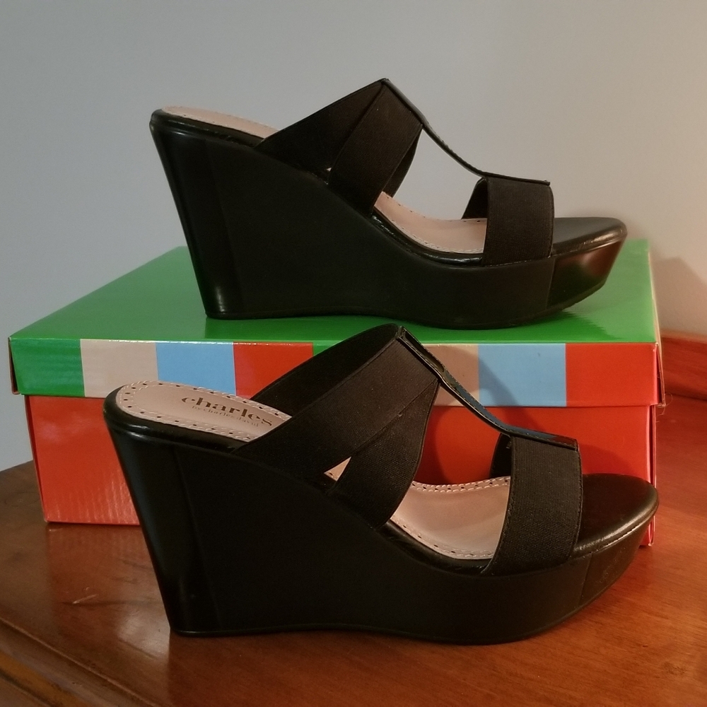 New Charles by Charles David Black Elastic-Patent Leather Platform Wedge Sandals